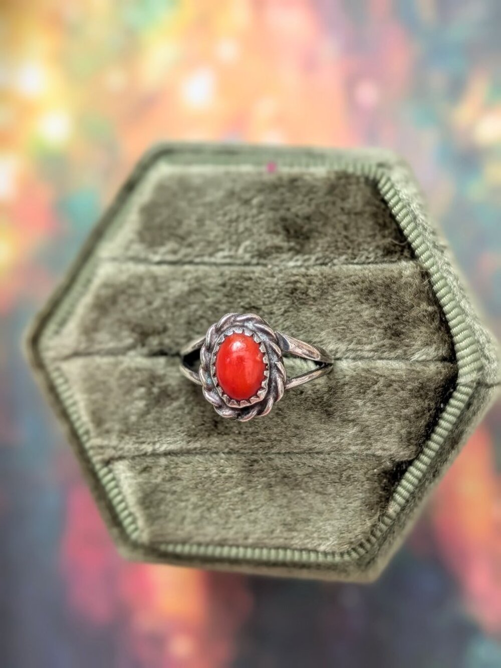 Vintage Artisan Made Carnelian Red Stone & Silver Tone Ring, Size 5
